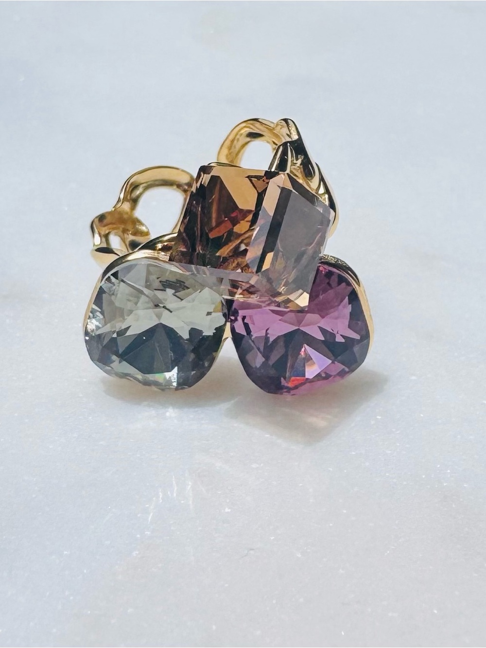 28 K gold PVD plates Trio Crystal- adjustable ring Purple, Amber, Smoky